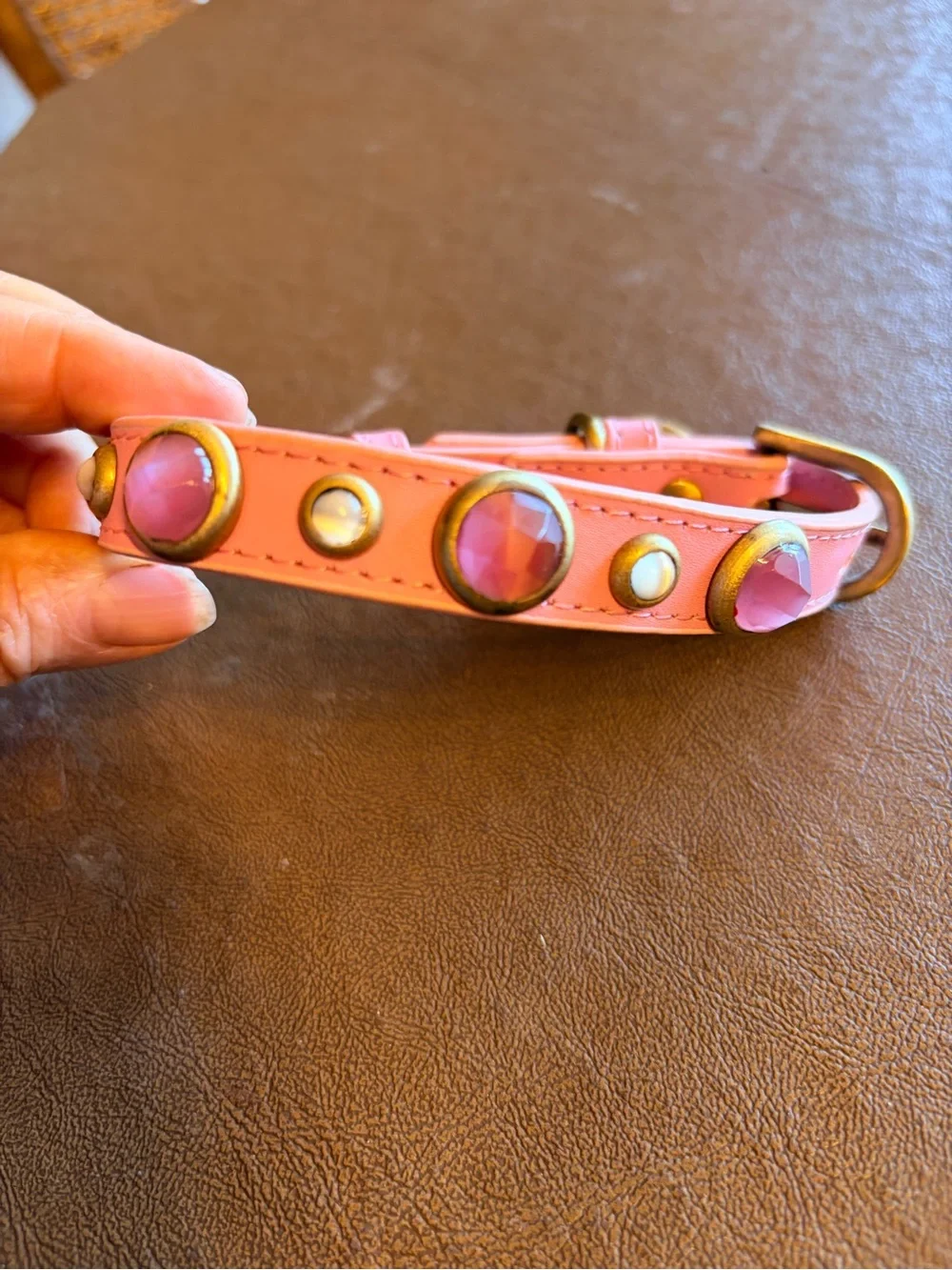 Pink Leather Gems Collar with Genuine Gemstones Crystals Jewels Brass Hardware